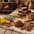 Settler's Brownie lend spices blend on a wooden spoon and ingredients on a wooden table with brownies and a stove in the background