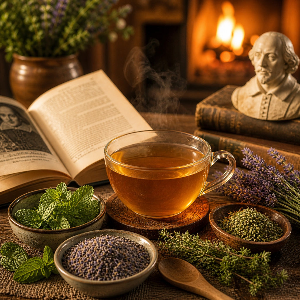 Shakespear's Winter Tale Tea in a cup with herbs, a Shakespear Bust and books on a warm-toned background