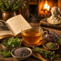 Shakespear's Winter Tale Tea in a cup with herbs, a Shakespear Bust and books on a warm-toned background