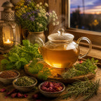 Simple Pleasures Tea in a teapot, and herbs on a wooden table with a window view and lantern in the background.