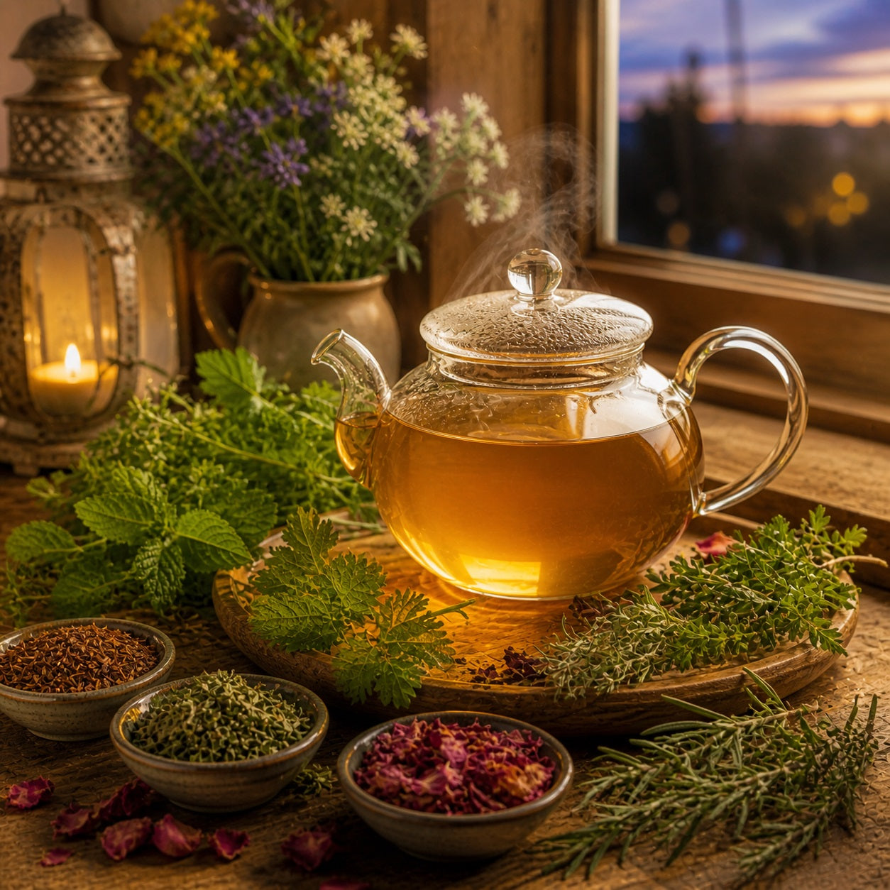 Simple Pleasures Tea in a teapot, and herbs on a wooden table with a window view and lantern in the background.