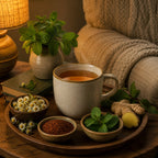 Cup of Sip & Sooth herbal tea on a wooden tray with herbs and a cozy background