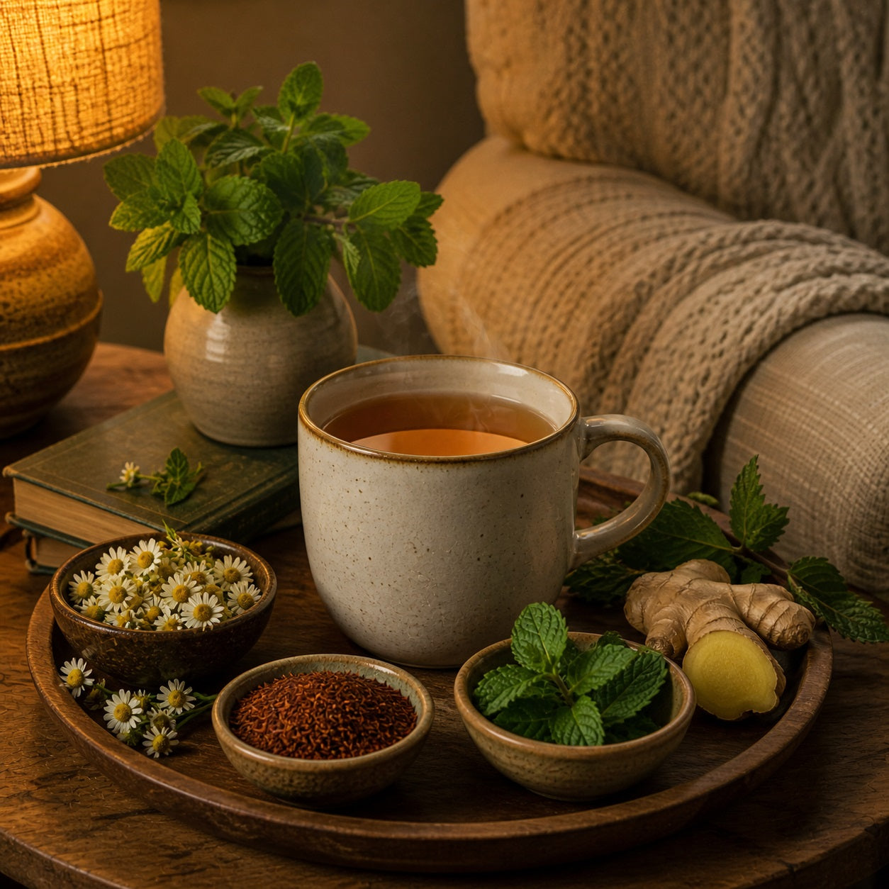 Cup of Sip & Sooth herbal tea on a wooden tray with herbs and a cozy background