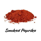 Pile of smoked paprika powder on a white background with 'Smoked Paprika' text.