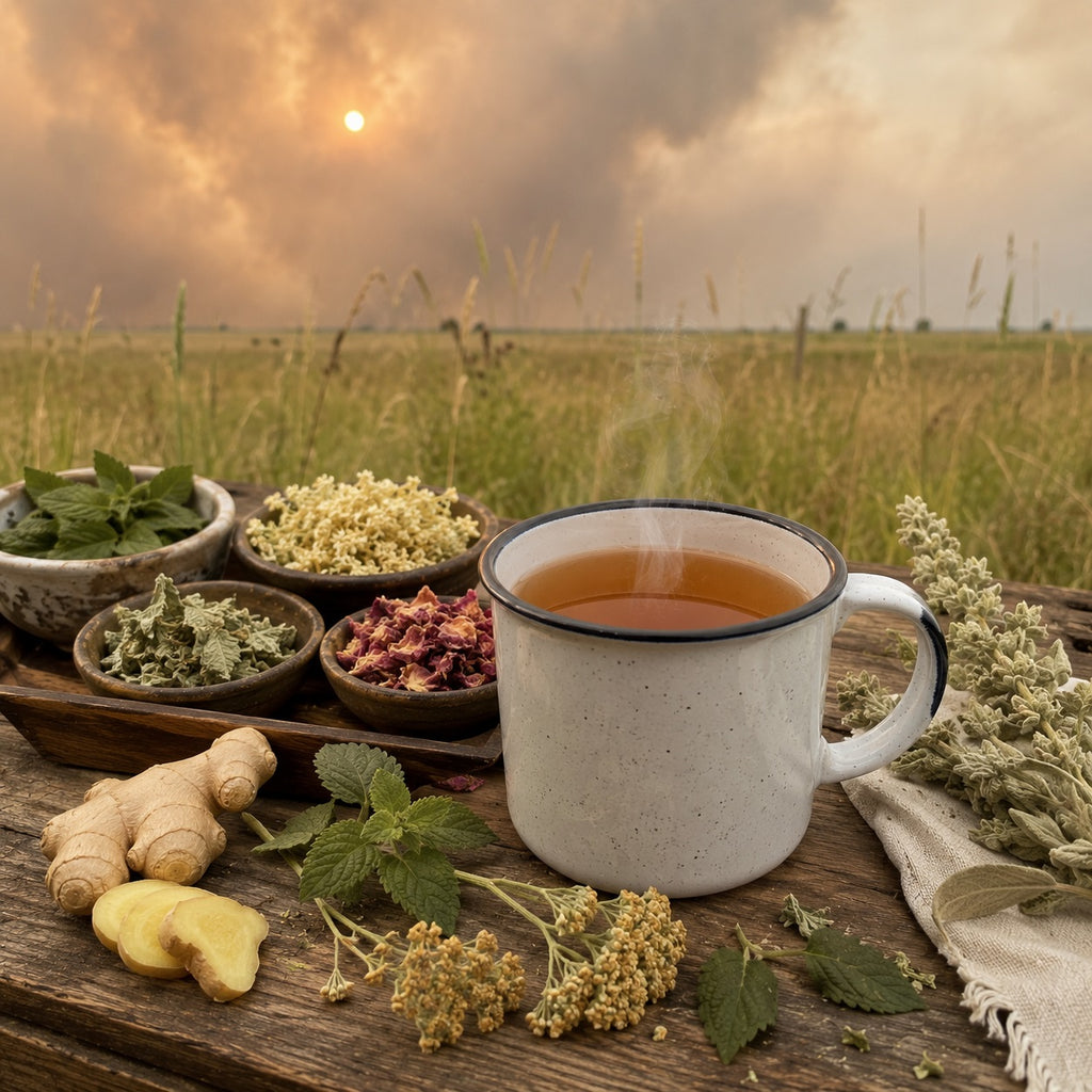 Smokey Skies Herbal Tea in a mug with herbs and natural elements on a wooden surface with a smokey skies in the background