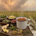 Smokey Skies Herbal Tea in a mug with herbs and natural elements on a wooden surface with a smokey skies in the background