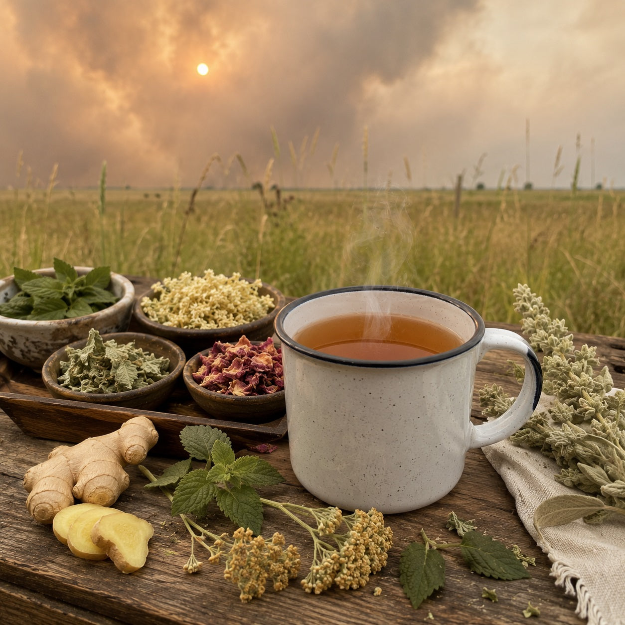 Smokey Skies Herbal Tea in a mug with herbs and natural elements on a wooden surface with a smokey skies in the background
