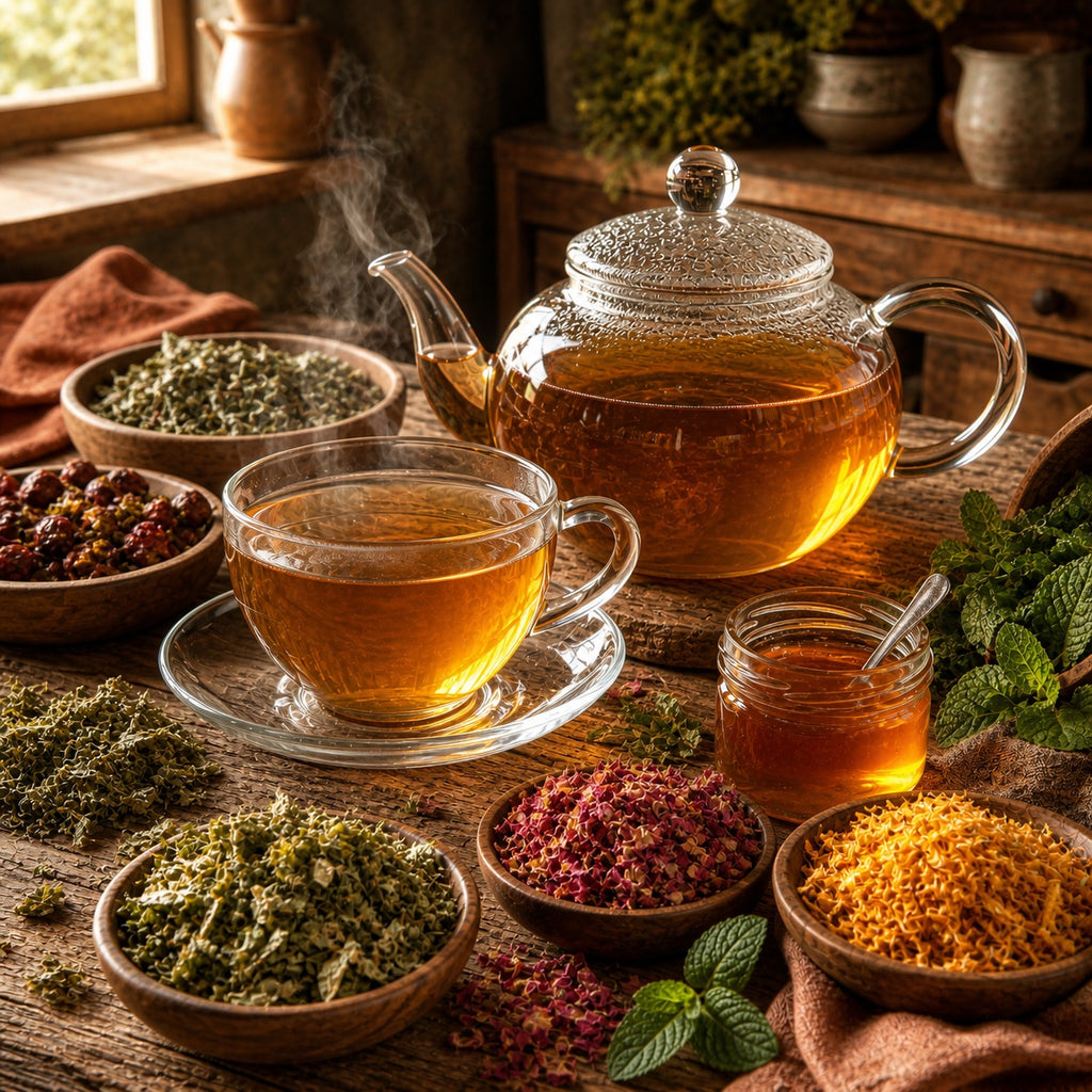 Snuggle Brew glowing in a tea pot with cup and ingredients surrounding it