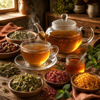 Snuggle Brew glowing in a tea pot with cup and ingredients surrounding it