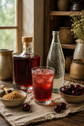 Glass of Sour Cherry Shrub with ice and sparkling water on a table with a bottle of Sour Cherry Shrub and bowls of ingredients.