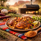 Southwest Chipotle Spice Blend on a wooden spoon and a plated dish of chicken with corn and spices on a rustic outdoor setting with a grill and desert landscape.