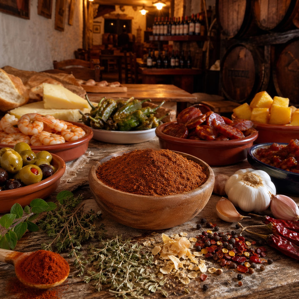 Spanish Bodega Blend with assorted tapas in a bodega in spain including spices, herbs, and meats on a wooden table with a rustic background.