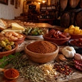 Spanish Bodega Blend with assorted tapas in a bodega in spain including spices, herbs, and meats on a wooden table with a rustic background.