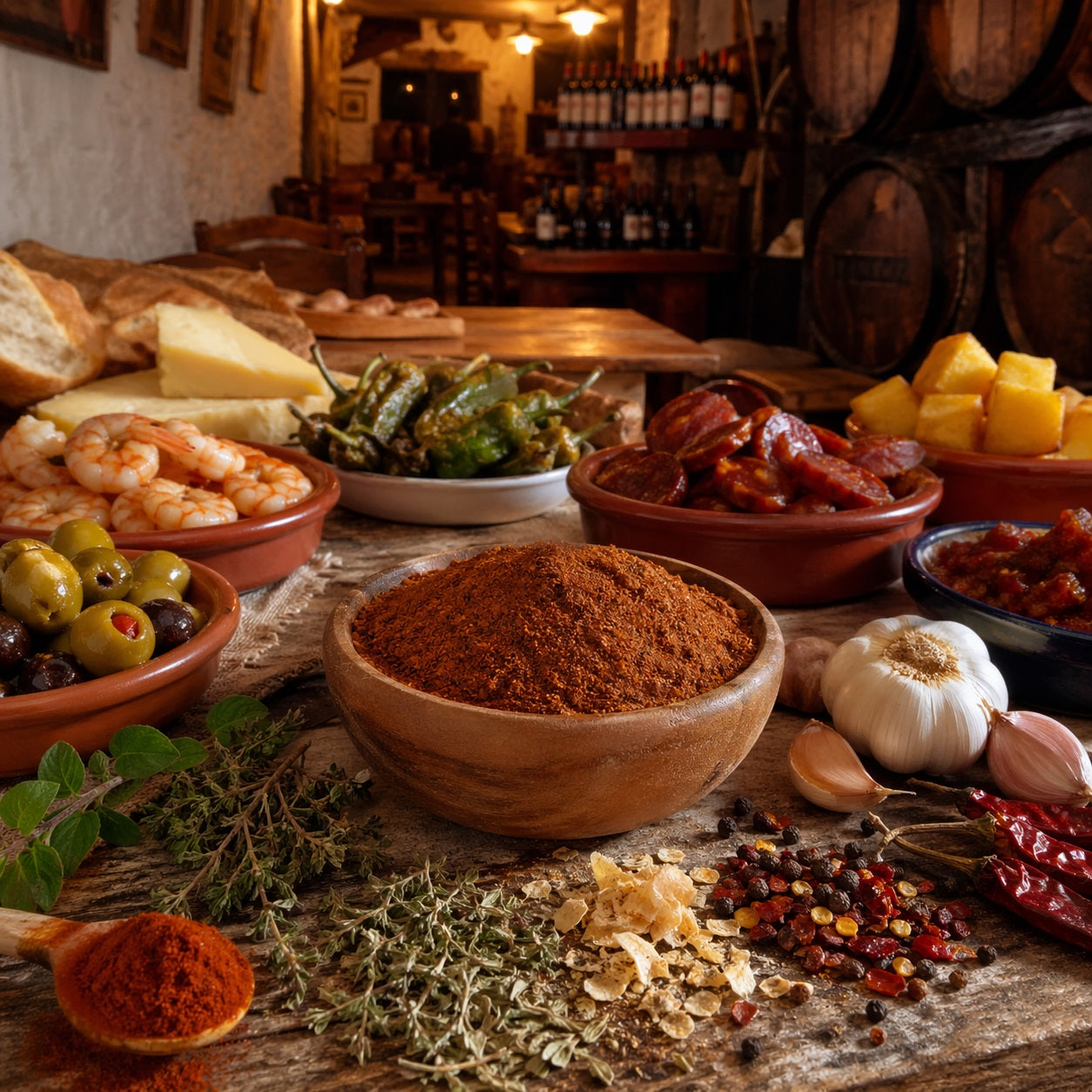 Spanish Bodega Blend with assorted tapas in a bodega in spain including spices, herbs, and meats on a wooden table with a rustic background.
