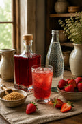 Glass of Strawberry Shrub with ice and sparkling water on a table with a bottle of Strawberry Shrub and bowls of ingredients.