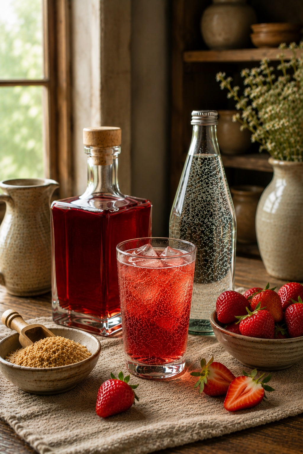 Glass of Strawberry Shrub with ice and sparkling water on a table with a bottle of Strawberry Shrub and bowls of ingredients.