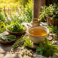 Cup of Stress Ease tea on a wooden table with herbs and flowers in a garden setting
