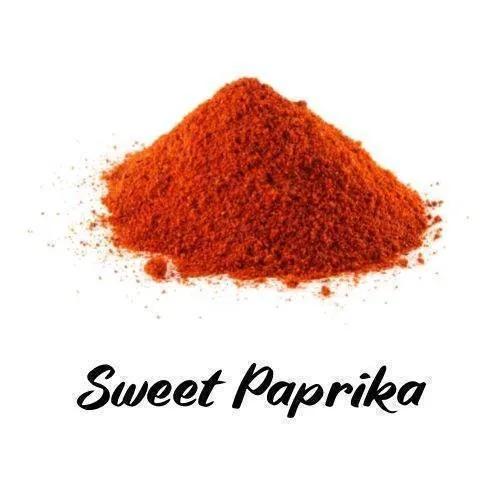 Pile of sweet paprika powder on a white background with 'Sweet Paprika' text.