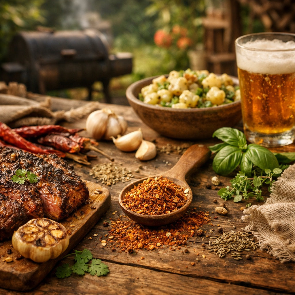 Sweet 'n' Smokey Spice blend on a wooden spoon. A Wooden table with grilled meat, spices, herbs, and a glass of beer outdoors.