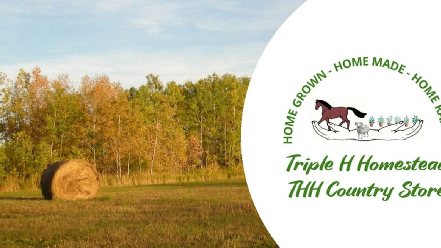 Hay bale in a field with a forest in the background, featuring the Triple H Homestead logo.