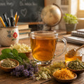 Steaming mug of Teacher Fuel herbal tea on a wooden table with herbs and a globe in the background