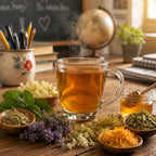 Steaming mug of Teacher Fuel herbal tea on a wooden table with herbs and a globe in the background