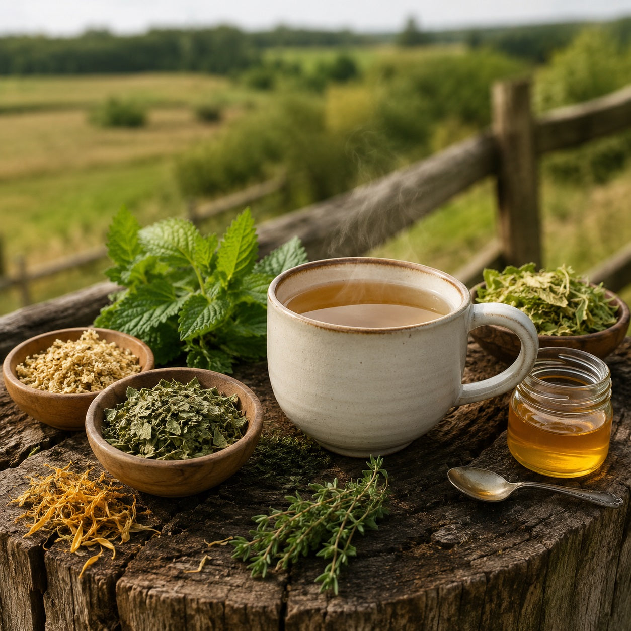 Cup of Tend & Mend tea with herbs and honey on a wooden stump with a scenic background