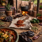 Tex Mex Chili Spices and ingredients on a wooden table with a fire in the background