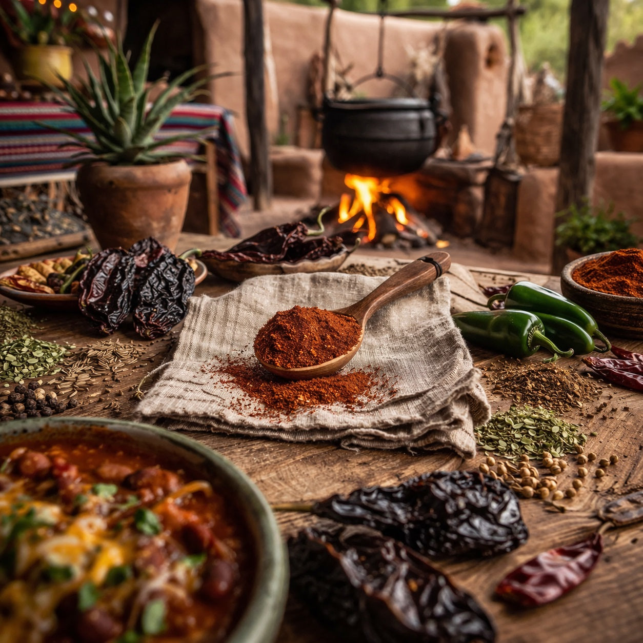 Tex Mex Chili Spices and ingredients on a wooden table with a fire in the background