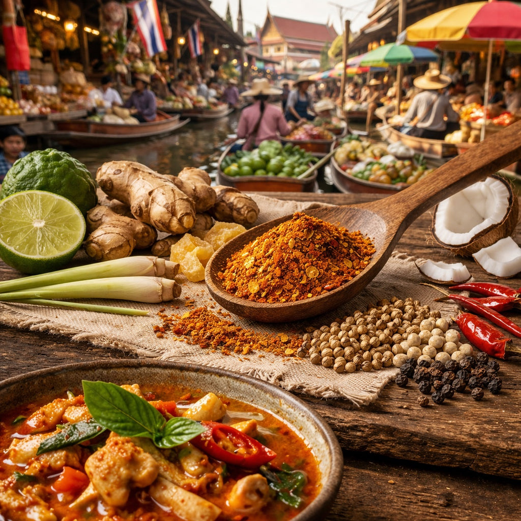 Spices and ingredients on a wooden surface with a bowl of Thai Food in the foreground, set against a market background.