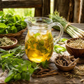 Glass pitcher of Thirst Quencher herbal tea with fresh herbs and roots on a wooden surface