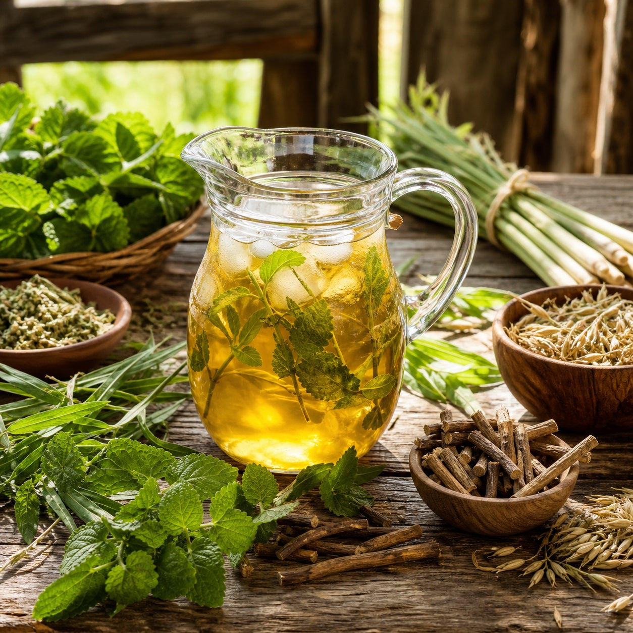 Glass pitcher of Thirst Quencher herbal tea with fresh herbs and roots on a wooden surface