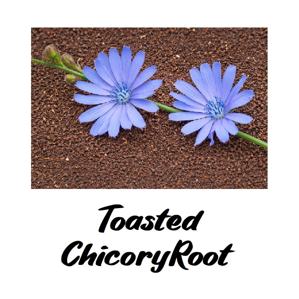 Two blue Chicory flowers on Toasted Chicory Root with 'Toasted Chicory Root' text below.