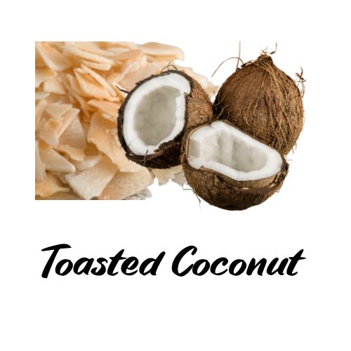 Toasted coconut with a half-coconut and shredded coconut on a white background.