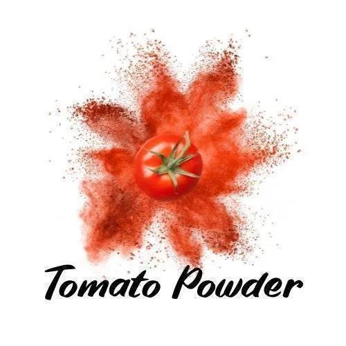 Tomato powder with a Tomato in the center on a white background with the Text Tomato Powder