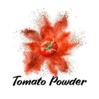 Tomato powder with a Tomato in the center on a white background with the Text Tomato Powder