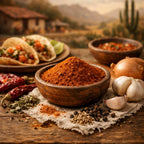 Triple H Taco spice in a wooden bowl with tacos and vegetables on a rustic wooden table and a Mexican hacienda in the background.