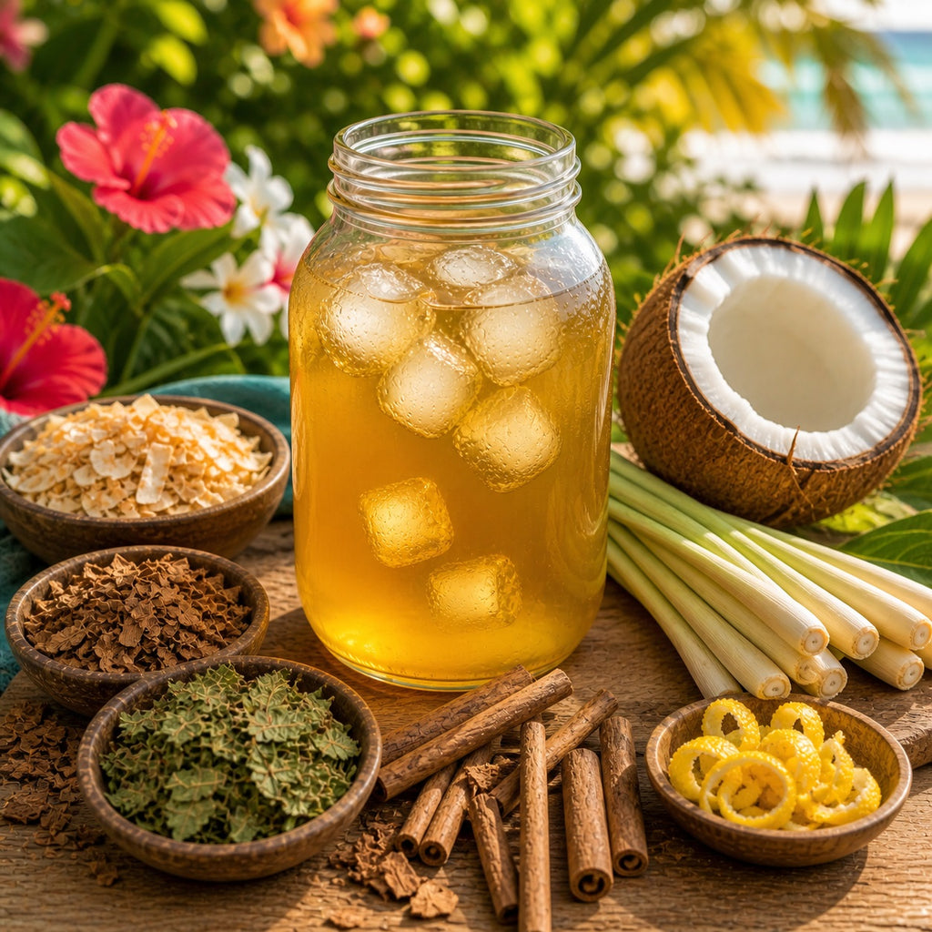 Mason jar with Tropical Tranquility as iced tea, coconut, herbs, and spices on a wooden surface with flowers in the background.