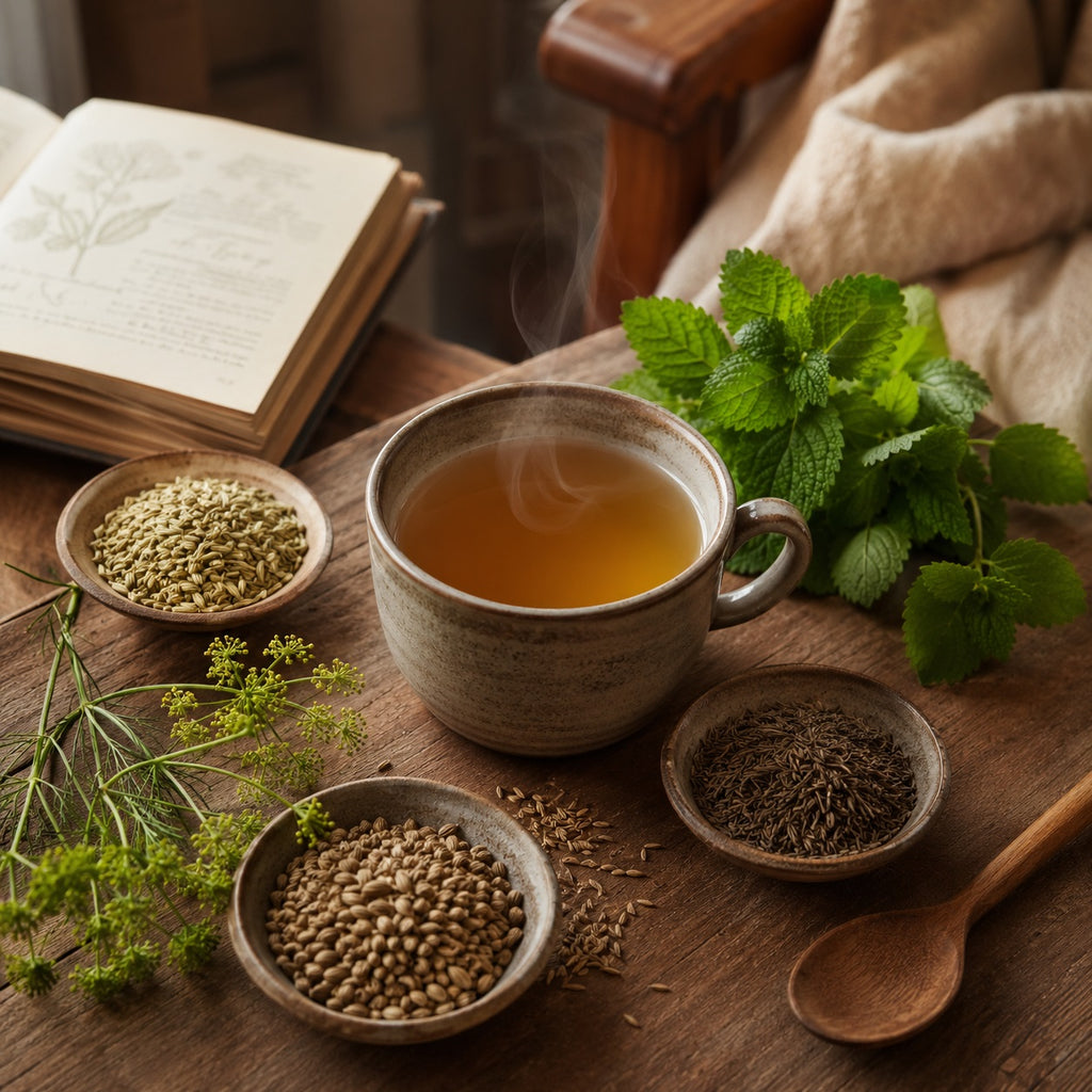 Steaming cup of Tummy Tamer tea on a wooden table with herbs and a book in the background