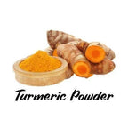 Turmeric root and powder on a white background with 'Turmeric Powder' text.