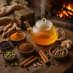 Turmeric Tea in a pot with steaming tea surrounded by spices and herbs on a wooden surface with a warm background.