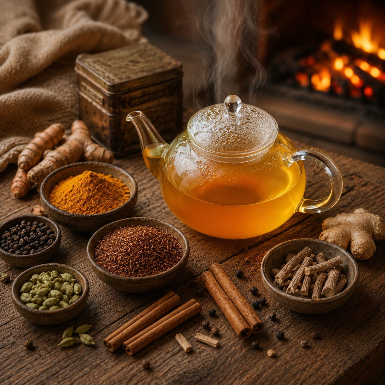 Turmeric Tea in a pot with steaming tea surrounded by spices and herbs on a wooden surface with a warm background.
