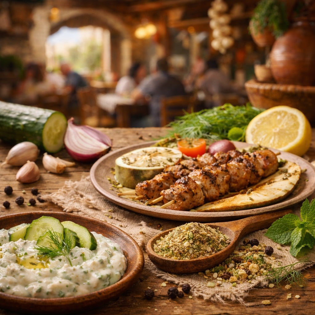 Tzatziki Blend on a wooden spoon and a plated dish of grilled meat with side dishes on a wooden table in a Greek restaurant setting.