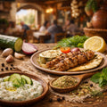 Tzatziki Blend on a wooden spoon and a plated dish of grilled meat with side dishes on a wooden table in a Greek restaurant setting.