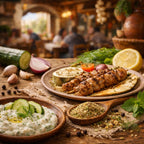 Tzatziki Blend on a wooden spoon and a plated dish of grilled meat with side dishes on a wooden table in a Greek restaurant setting.