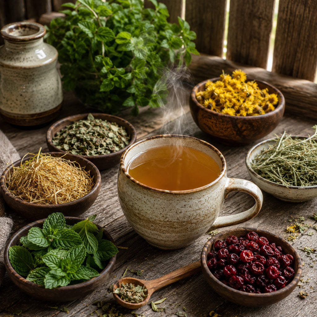 Steaming cup of UTI Support tea surrounded by bowls of various herbs on a wooden surface
