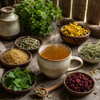 Steaming cup of UTI Support tea surrounded by bowls of various herbs on a wooden surface