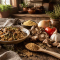 Dish of mushroom risotto with Umami Spice Blend and ingredients on a wooden table