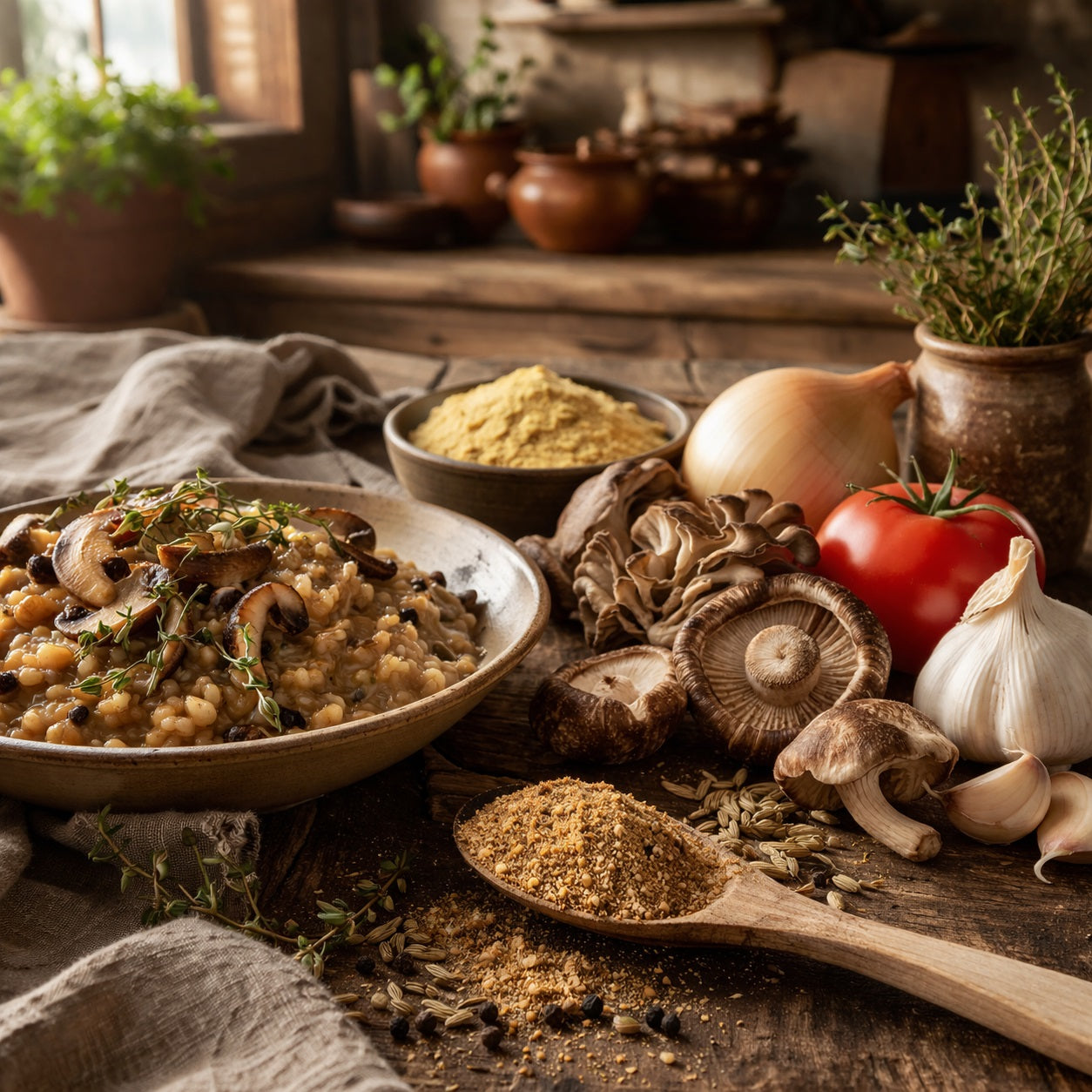 Dish of mushroom risotto with Umami Spice Blend and ingredients on a wooden table