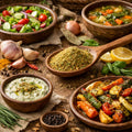A spoon with Veggie Vibes Spice Blend and assorted dishes including salad, soup, dip, and roasted vegetables on a rustic wooden table with herbs and spices.